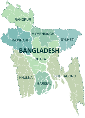 Um mapa clicável do Bangladesh exibindo suas divisões.
